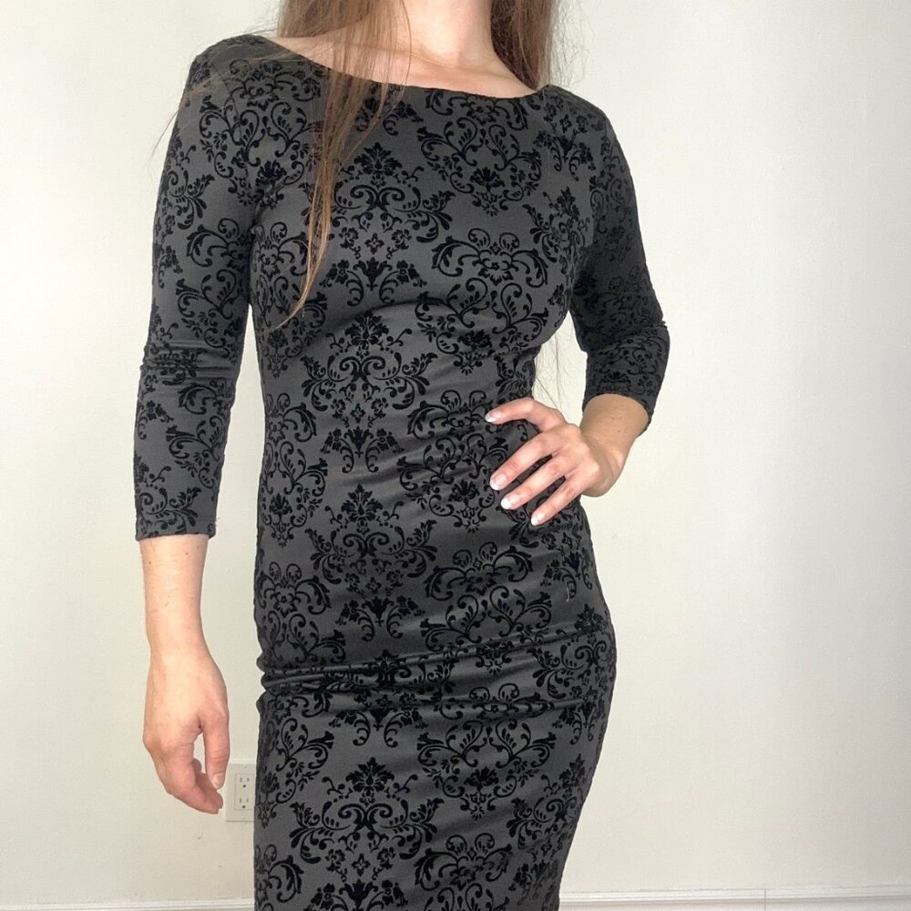 Le Chateau Black Victoria Print Midi Long Sleeve Dress